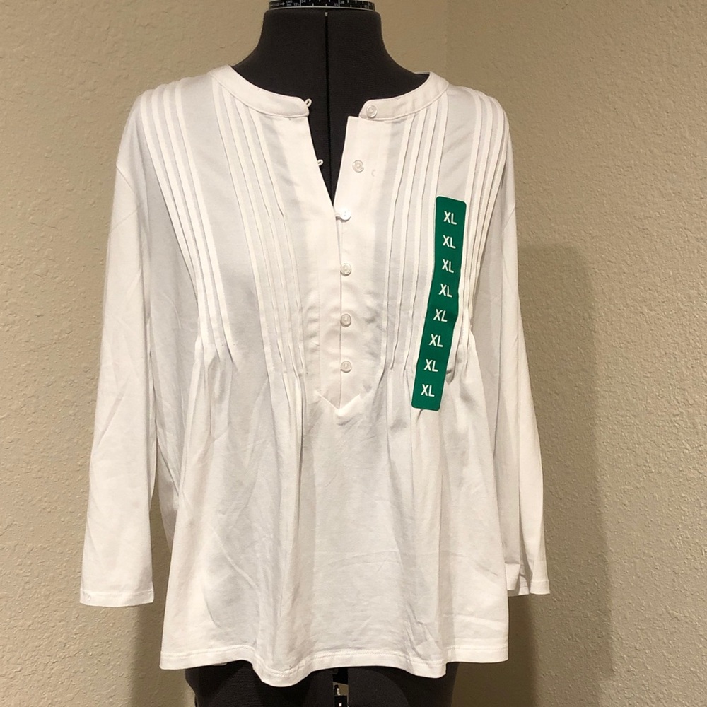 Lands’ End White Women’s Bitton Front Pintuck Top